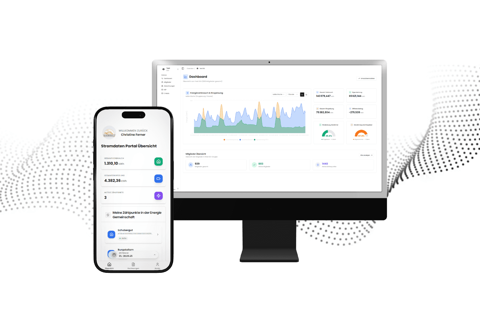 BillWise Dashboard und mobile Portalansicht für Mitglieder einer Energiegemeinschaft